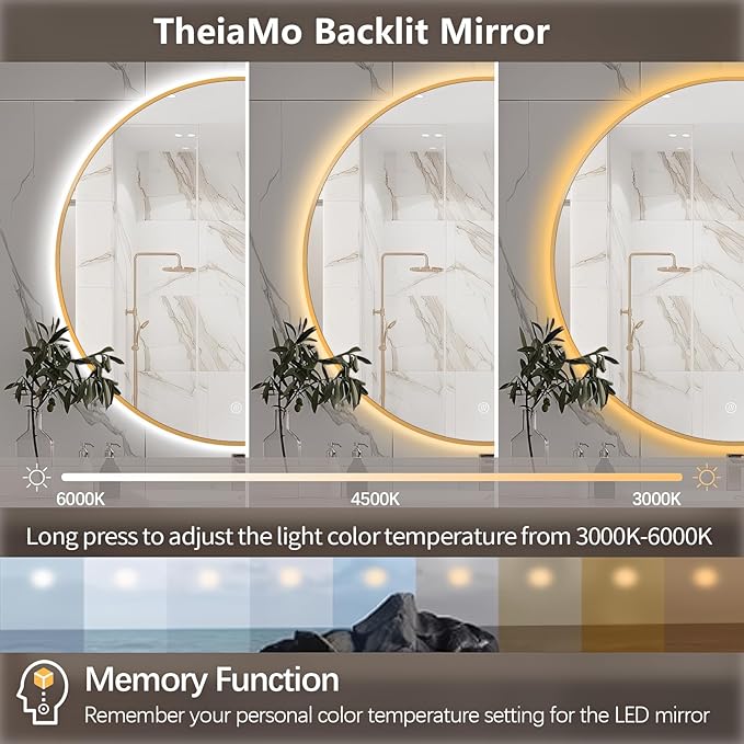 28" Round LED Bathroom Mirror, Wall Mounted Round Backlit Mirror LED Bathroom Vanity Mirror with Lights Fog Free Circle Lighted Mirror with Gold Frame