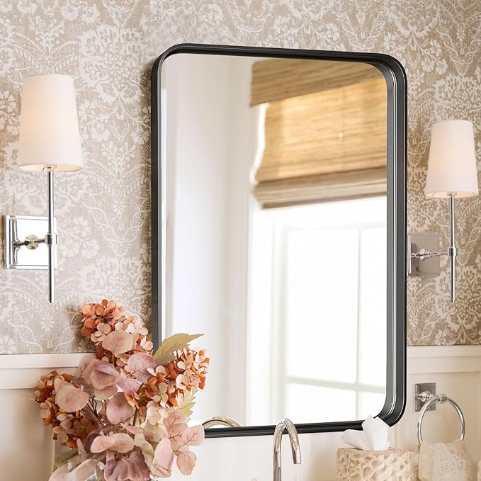 DUMOS Black Metal Bathroom Mirrors for Over Sink, 30x21 Inch Wall Mounted Vanity for Restroom, Farmhouse, Corner, Horizontally or Vertically Hanging