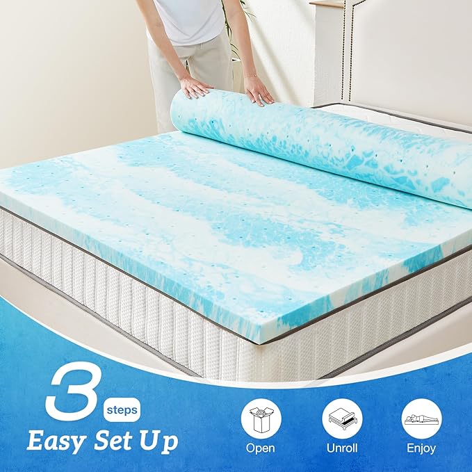 Sweetcrispy Mattress Topper Twin XL, Thick Cooling Gel Infused Memory Foam Bed Toppers for Twin XL Size Bed, 2 Inch Soft Mattress Pads for Sleeper Sofa, RV, Camper, CertiPUR-US Certified, Blue