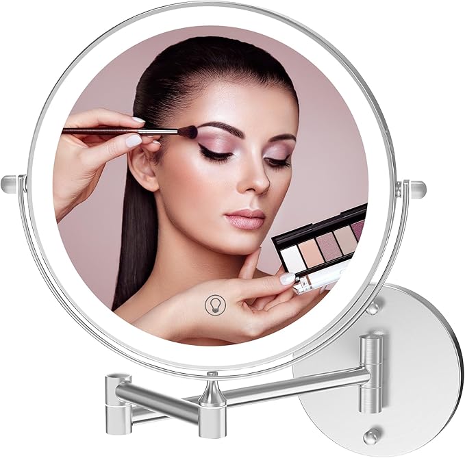 8" Rechargeable Lighted Makeup Mirror, 1X/10X Magnification with 3 Color Touch Dimmable Lights, 360° Rotating Double-Sided Wall Mount Mirror (Chrome) – Fab Glass and Mirror