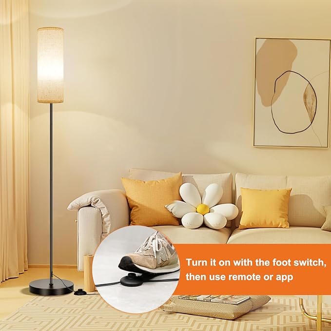FRIDEKO HOME Floor Lamps for Living Room, Dimmable 3 Colors Temperature, Modern Corner Floor Lamp with Remote, Tall LED Standing Lamps for Kid Room Bedroom, Foot Switch, Beige Shade, 9W Smart Bulb