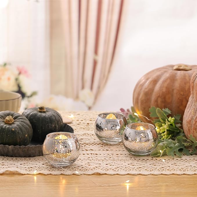 Volens 24PCS Silver Votive Candle Holders for Table Centerpieces, Round Mercury Glass Candle Holders Bulk for Wedding Reception, Birthday, Parties, and Home Decorations