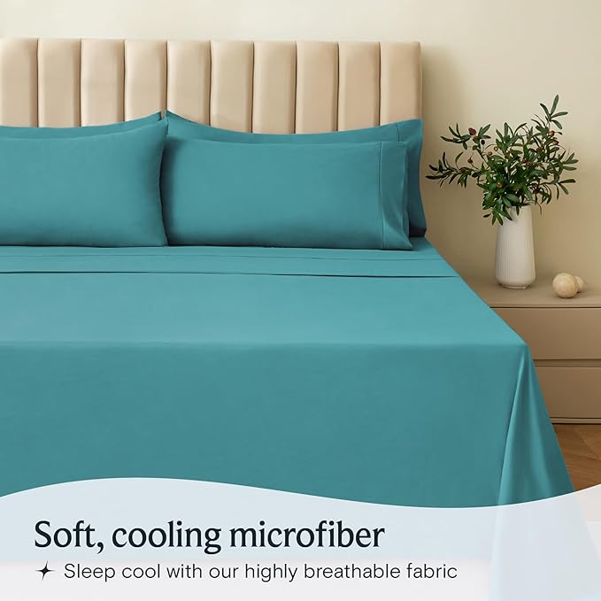 LuxClub 4 PC Full Sheet Set, Breathable Luxury Bed Sheets, Deep Pockets Wrinkle Free Cooling Bed Sheets Machine Washable Hotel Bedding Silky Soft - Teal Full