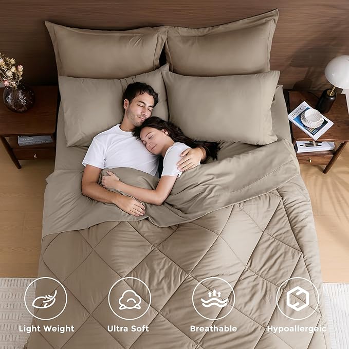 HEVUMYI Khaki & Linen Full Comforter Set - 7-Piece All Season Bed in a Bag Full, Ultra Soft Bedding Set with Comforter, Flat Sheet, Fitted Sheet, Pillowcases, Pillow Shams