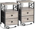 AMHANCIBLE Night Stand Set 2, Nightstand with Charging Station, End Tables Living Room with USB Ports and Outlets, Bedside Tables with Fabric Drawers for Bedroom, Greige HET05XGY