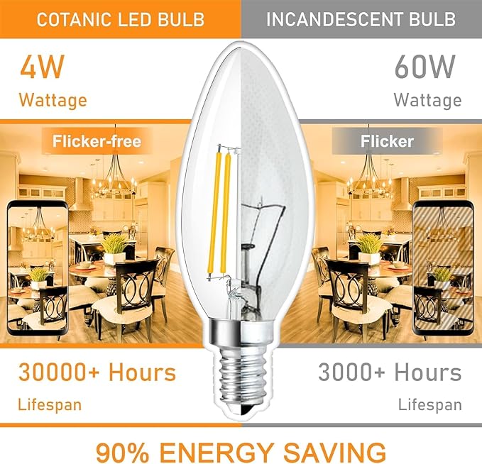 Cotanic E12 LED Bulb Dimmable 3000K Soft White, LED Candelabra Bulbs 60Watt Equivalent, Small Base Type B Light Bulbs, Candle Shape Chandelier Light Bulbs Clear Glass, 600LM, 12 Pack
