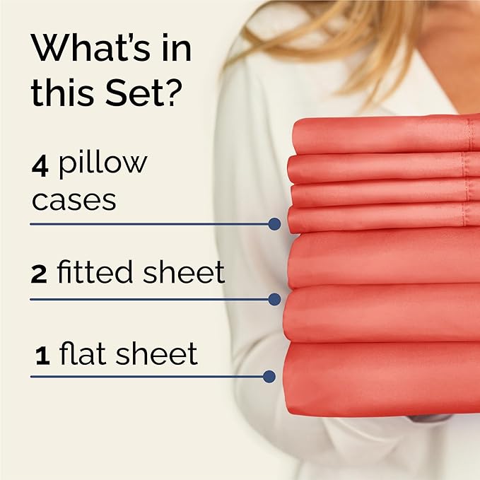 Split King 7 Piece Sheet Set - Cooling & Breathable Bed Sheets - Hotel Luxury Bed Sheets for Women, Men, Kids & Teens - Deep Pocket Bedding w/ Easy Fit - Soft & Wrinkle Free - Split King Coral Sheets
