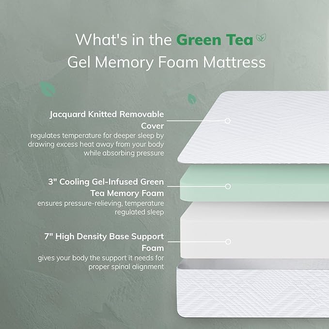 EGO White 10 inch Twin Memory Foam Mattress, Gel Green Tea Mattress Bed in a Box, CertiPUR-US Certified, 38"×75", Medium Firm
