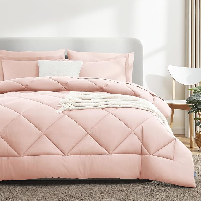 CozyLux Queen Comforter Set Blush Pink - Bed in a Bag Queen Size 7 Pieces, Luxury Soft Bed Set for All Seasons, Bedding Set with Down Alternative Comforter, Sheets, Pillowcases & Shams