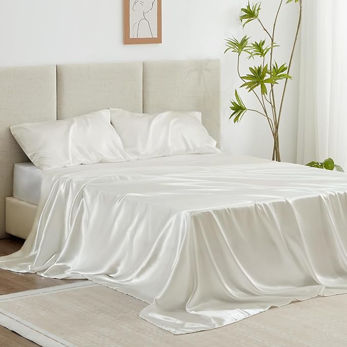 Love's cabin California King Satin Sheet Sets - 4 Piece Ivory Silky Sheets Bed Set with Deep Pocket, Luxury Silk Feel Satin Cal King Sheet Set (1 Flat Sheet,1 Fitted Sheet,2 Pillow Cases)