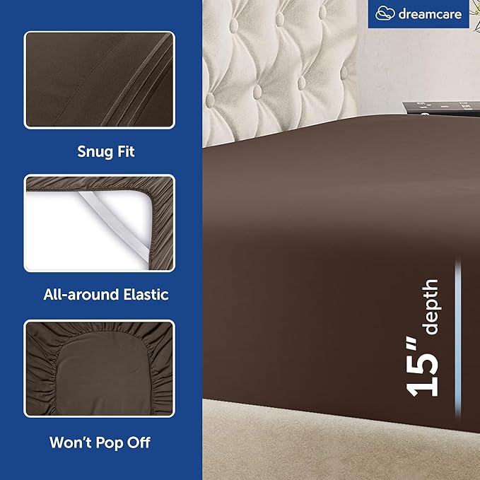 DREAMCARE King Size Sheets Set – 6 pcs Cooling Bed Sheets – up to 15” Deep Pocket King Sheet Set – 2500 Supreme Collection – Extra Soft 100% Brushed Microfiber Hotel Luxury with Side Pocket – M Brown