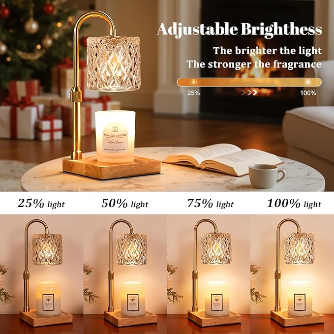 Hong-in Candle Warmer Lamp with Timer -Dimmable Adjustable Height Wax Melt Warmer for Jar Candles,Vintage Home Decor with Elegant Clear Glass,Birthday Gifts for Women, Mom, Friend, Sister