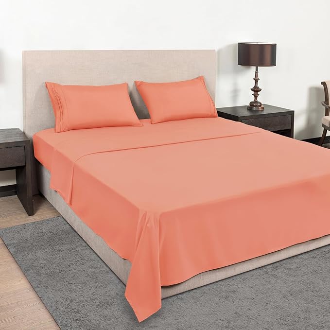 Mejoroom King Size Bed Sheet Set - Hotel Luxury 1800 Bedding Sheets & Pillowcases - 16" Deep Pocket Fitted Sheet, Soft, Breathable, Wrinkle & Fade Resistant - 4 Piece(King, Coral)