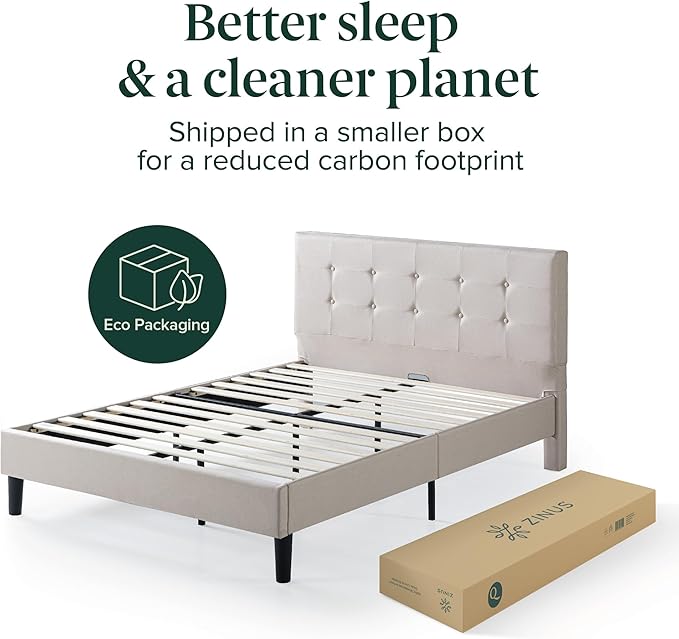 ZINUS Ibidun Upholstered Platform Bed Frame, Mattress Foundation, Wood Slat Support, No Box Spring Needed, Eco Friendly WonderBox (TM), Easy Assembly, Soft Beige, Queen