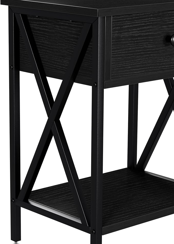 VECELO Nightstands Set of 2, Modern Bedside End Tables, Night Stands with Drawer and Storage Shelf for Living Room Bedroom, Industrial Metal Frame