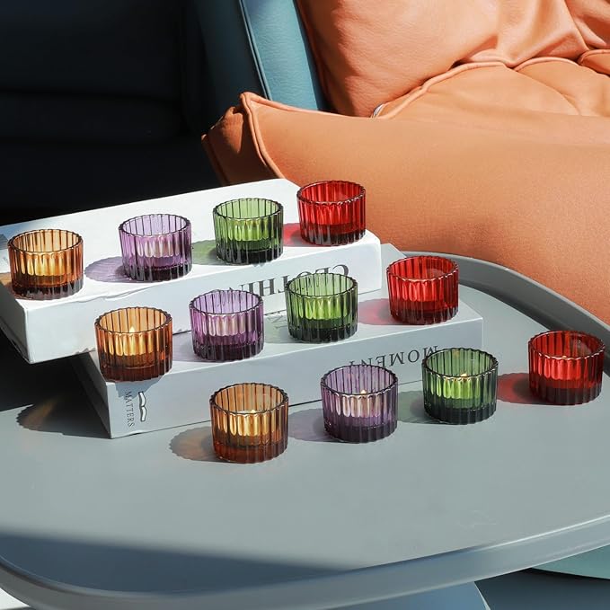 VOHO 24pcs Multicolor Votive Candle Holders for Centerpiece Table Decorations, Ribbed Glass Christmas Candle Holder Gifts for Women, Festive Tealight Candle Holder for Votive/Tea Lights Candles