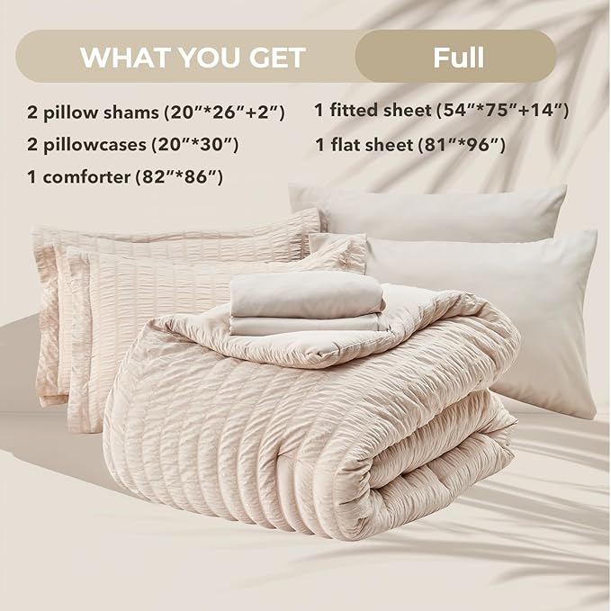 HYMOKEGE Beige Full Size Comforter Sets Seersucker 7 Pieces, All Season Luxury Bed in a Bag for Bedroom, Bedding Set with Comforters, Sheets, Pillowcases & Shams