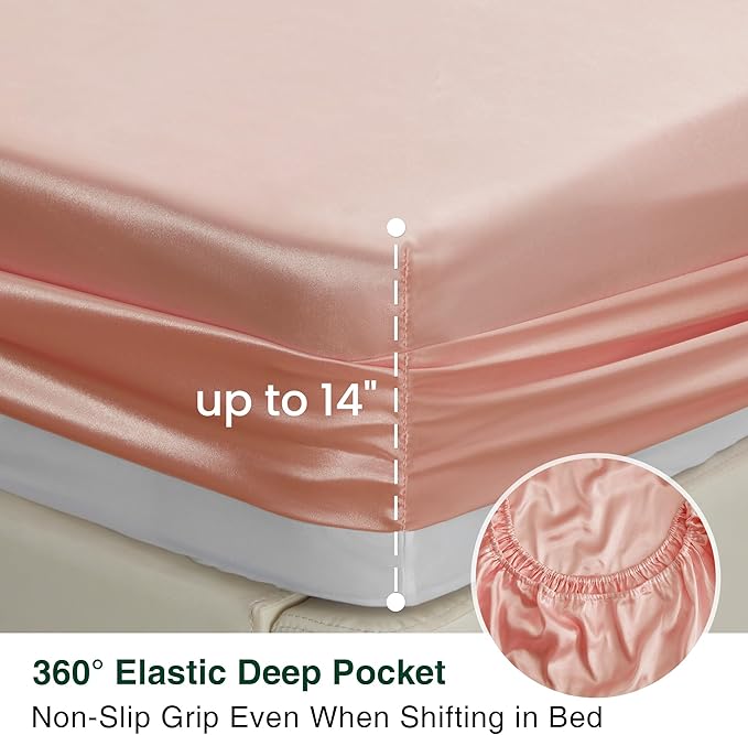 Love's cabin Satin King Sheet Sets - 4 Piece Coral Silky Sheets King Size Bed Set with Deep Pocket, Luxury Silk Feel King Size Satin Sheet Set (1 Flat Sheet,1 Fitted Sheet,2 Pillow Cases)