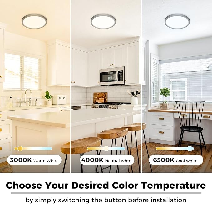 zemty 4Pack LED Ceiling Light Fixture 6.5 Inch, 12W 1200lm Ceiling Mount Light Fixtures, Adjustable 3000K 4000K 6500K, Round Flat Ceiling Lamp for Bathroom Closet Hallway Laundry (Black)