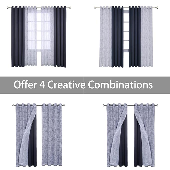 BONZER Mix and Match Curtains - 2 Pieces Branch Print Sheer Curtains and 2 Pieces Blackout Curtains for Bedroom Living Room Grommet Window Drapes, 54x84 Inch/Panel, Grey Dark, Set of 4 Panels