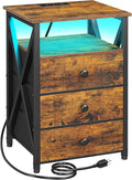 AMHANCIBLE LED Nightstand with Charging Station, Smart End Side Table with USB Port & Power Outlet, Bedside Table with Fabric Drawers for Bedroom, Living Room, Rustic Brown, HET053LBR-1