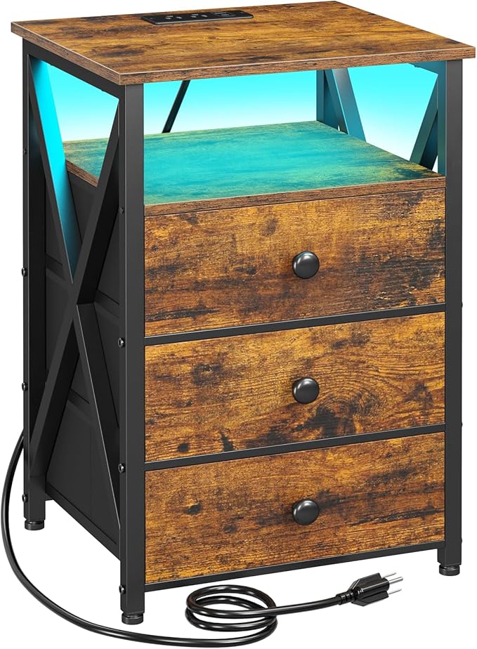 AMHANCIBLE LED Nightstand with Charging Station, Smart End Side Table with USB Port & Power Outlet, Bedside Table with Fabric Drawers for Bedroom, Living Room, Rustic Brown, HET053LBR-1