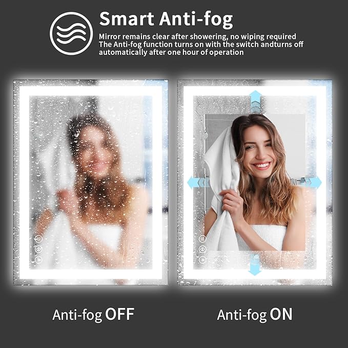 Koonmi 26x38 LED Bathroom Mirror, Backlit + Front Lit, LED Bathroom Mirror with Lights for Wall, 3 Colors, Anti-Fog, Dimmable Brightness, Memory Function, Tempered Glass