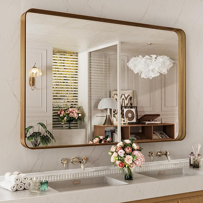LOAAO 48X32 Inch Bathroom Mirror with Wood Grain Colored Metal Frame, Rounded Rectangle Metal Framed Bathroom Mirror, Anti-Rust, Hangs Horizontally or Vertically, Tempered Glass