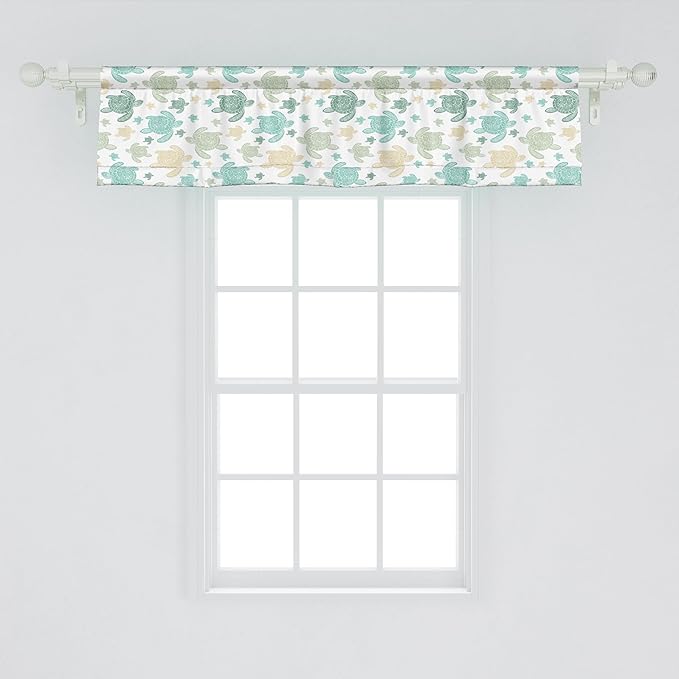 Ambesonne Turtles Window Valance Pack of 2, Illustration of Repeating Motifs of Animal Print in Assorted Tones, Rod Pocket Curtain Valances for Kitchen Bedroom, 54" X 12", Seafoam and Grey Yellow