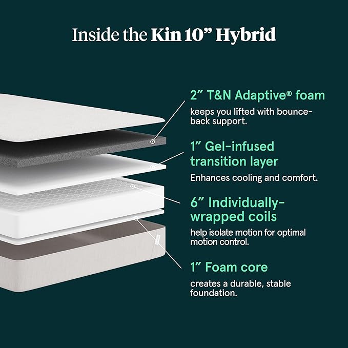 Tuft & Needle Kin Medium Plush 10" Twin XL Hybrid Mattress, Cooling, Pressure Relief, and Individually-Wrapped Coils, 100 Night Trial, Fiberglass-Free, CertiPUR-US, 10-Year Limited Warranty