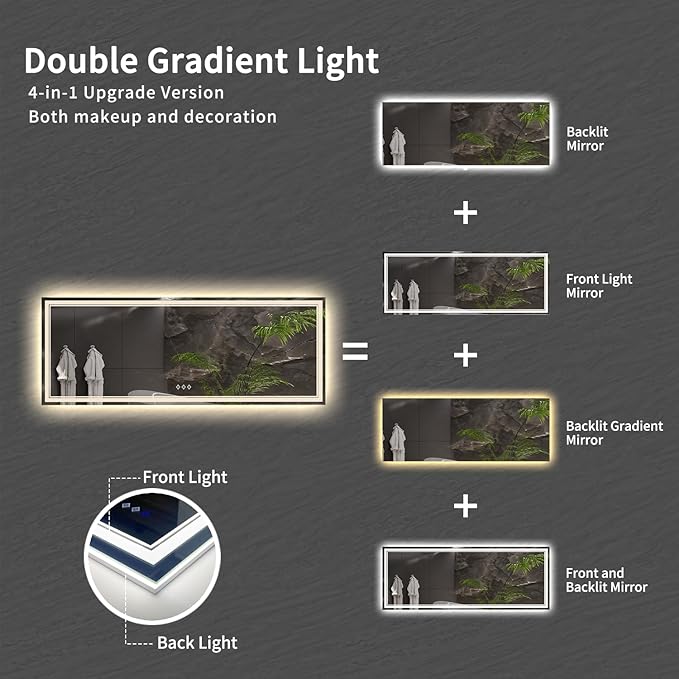 Bathroom Mirror with Lights, 96x36 Inch Gradient Front and Backlit Big Lighted Bathroom Mirror, 3 Colors Dimmable CRI>90 Double Lights, IP54 Enhanced Anti-Fog, Wall Mount LED Mirror