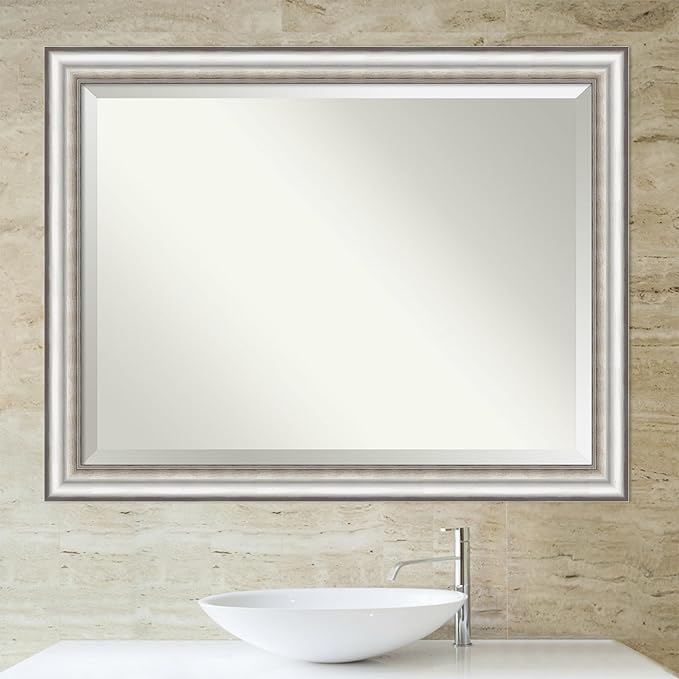 Amanti Art Silver Bathroom Mirror for Over Sink, 35x45 Salon Silver Rectangle Vanity Mirror, X-Large Traditional Frame, Hangs Horizonally and Vertically, Bathroom Wall Decor, Beveled Edge