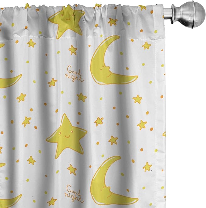 Ambesonne Yellow and White Curtains, Sleeping Crescent Moon and Stars Pattern Night Time Cartoon Illustration, Window Treatments 2 Panel Set for Living Room Bedroom, Pair of - 28" x 63", Pale Yellow