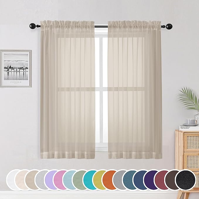OWENIE Taupe Sheer Curtains 54 Inch Length 2 Panels Set, Rod Pocket Fimly Voile Short Curtains for Living Room, Taupe Solid Window Curtain Panels for Bedroom, Each 42Wx54L inch
