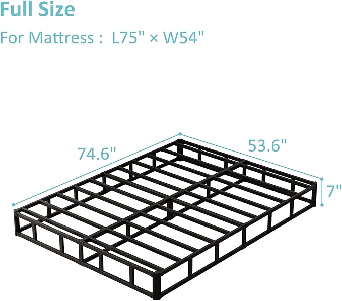 7 Inch Full Size Box Spring Bed Base, Low Profile Metal Boxspring Full Size with Fabric Cover, 3000 Lbs Max Weight Capacity Mattress Foundation, Noise-Free, Easy Assembly