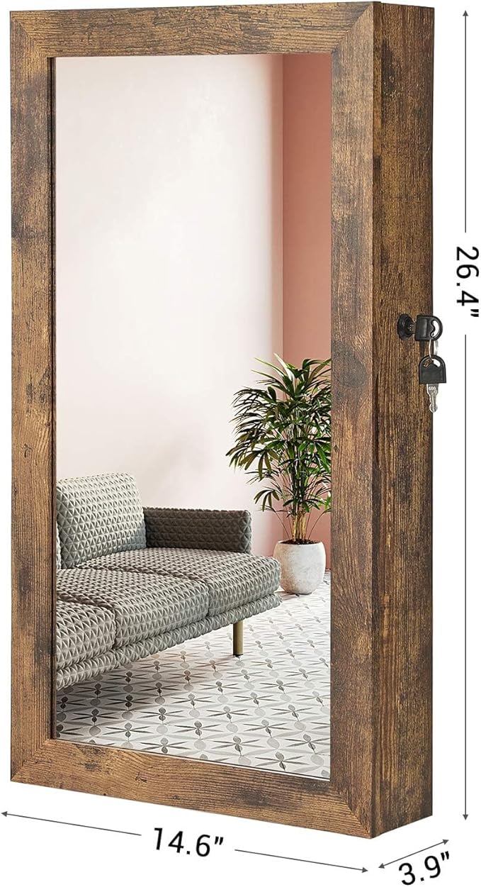 SONGMICS Lockable Jewelry Cabinet Armoire with Mirror, Wall-Mounted Space Saving Jewelry Storage Organizer, Christmas Gift, Rustic Brown UJJC051K01