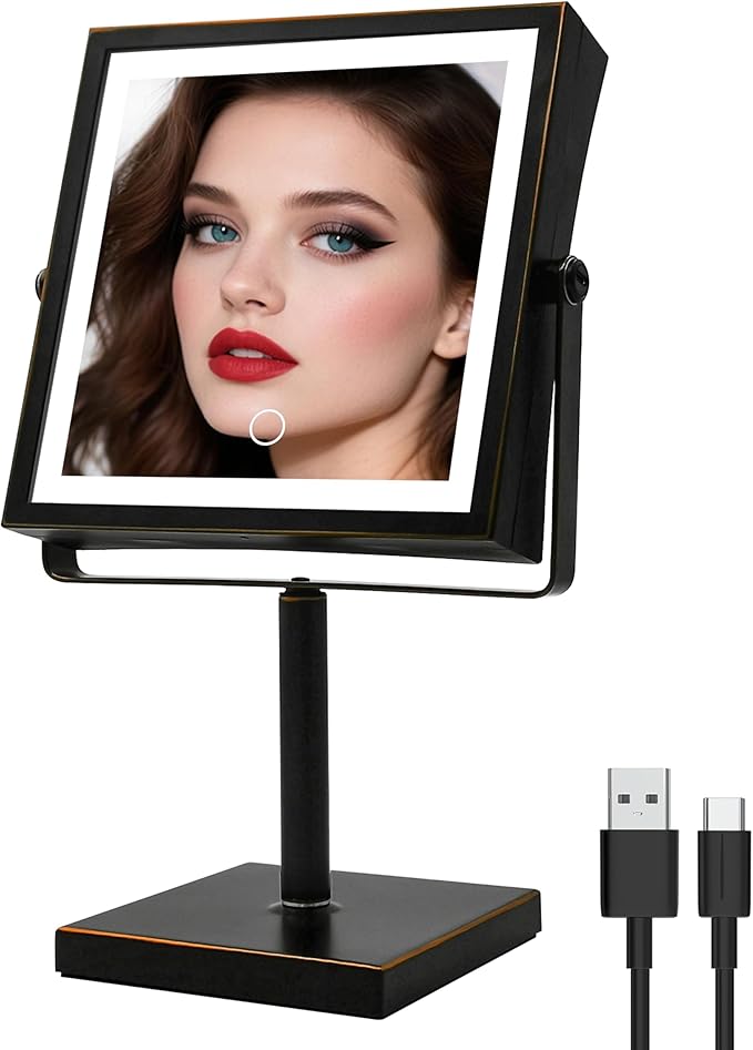 Ruacq Rechargeable Makeup Mirror, 4000mAh Lighted Makeup Mirror with Magnification 1X/10X, Height Adjustable Vanity Mirror with Lights, 3 Color Lights, Adjustable Brightness, (Oil Rubbed Bronze)