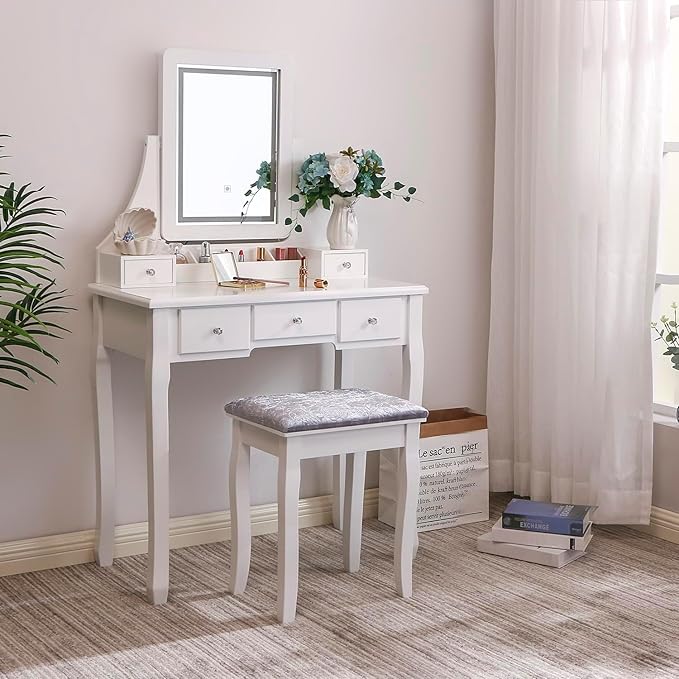 BEWISHOME Vanity Desk, Girls Vanity Set with Mirror and Lights,Small Makeup Vanity Table with 5 Drawer & Stool,Dressing Table with 3 Colors Lighting Adjustable Brightness for Girls White FST07W