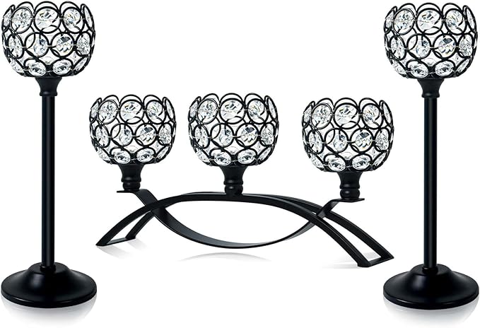 Crystal Tealight Candle Holder Centerpiece Home Decorative Candlestick Holder Elegant Table Centerpiece Home Decor Wedding Party Anniversary (Black, Set of 3)