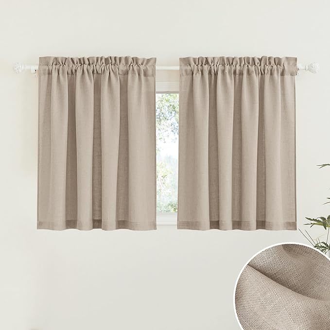RYB HOME Linen Curtains Over Sink 36 inches Length, 2 Panels Light Filtering Privacy Semi Sheer Curtains for Bathroom Kitchen Car Small Window, Length 36 by Width 52 inch, Khaki