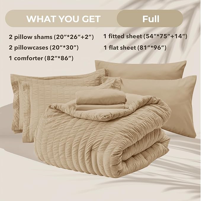 HYMOKEGE Khaki Full Size Comforter Sets Seersucker 7 Pieces, All Season Luxury Bed in a Bag for Bedroom, Bedding Set with Comforter, Sheets, Pillowcases & Shams