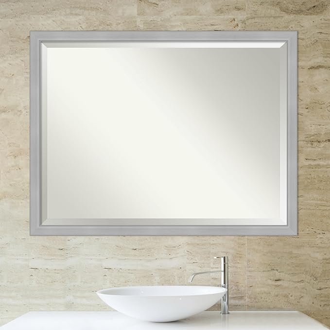 Amanti Art Silver Bathroom Mirror for Over Sink, 33x43 Vista Brushed Nickel Narrow Rectangle Vanity Mirror, X-Large Casual Frame, Hangs Horizonally and Vertically, Bathroom Wall Decor, Beveled Edge
