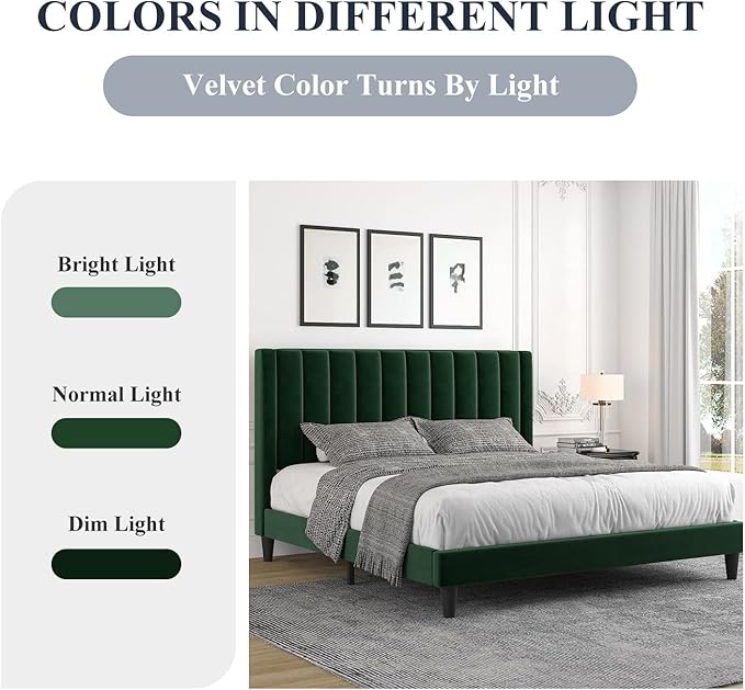 Allewie King Bed Frame/Velvet Upholstered Bed Frame with Vertical Channel Tufted Headboard/Strong Wooden Slats/Platform Bed Frame/Mattress Foundation/Box Spring Optional/Easy Assembly/Green