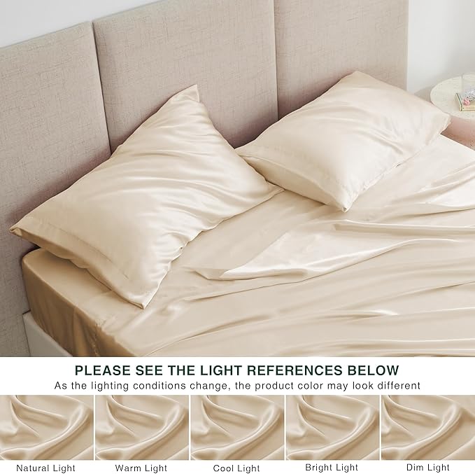 Love's cabin Satin Sheet Set, 3 Piece - Twin XL, Beige, Luxury Silky Soft Bed Linen with Deep Pockets