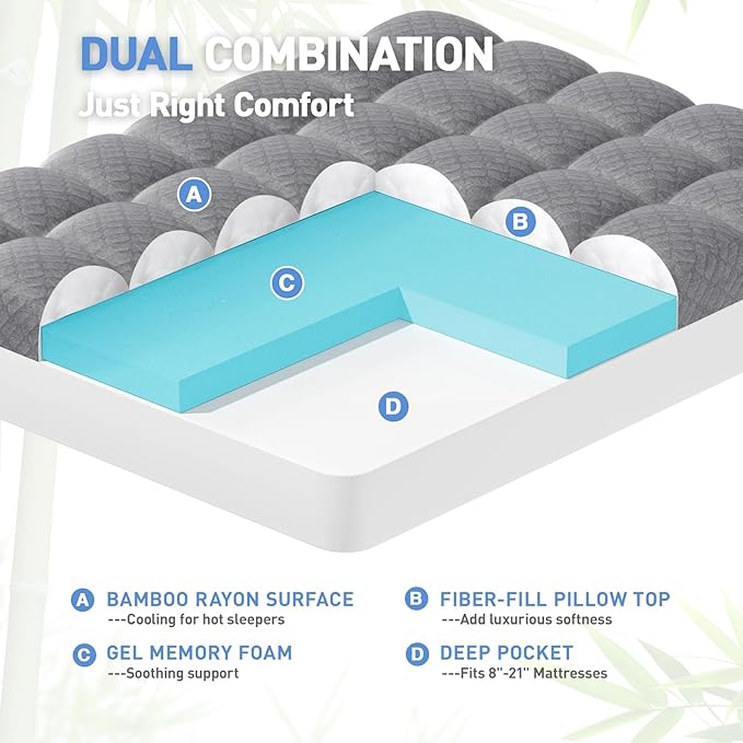 Dual Layer 3 Inch Memory Foam Mattress Topper Full Size, 2 Inch Cooling Gel Memory Foam Plus 1 Inch Pillow Top Mattress Pad Cover, with 8-21 Inch Deep Pocket, Grey