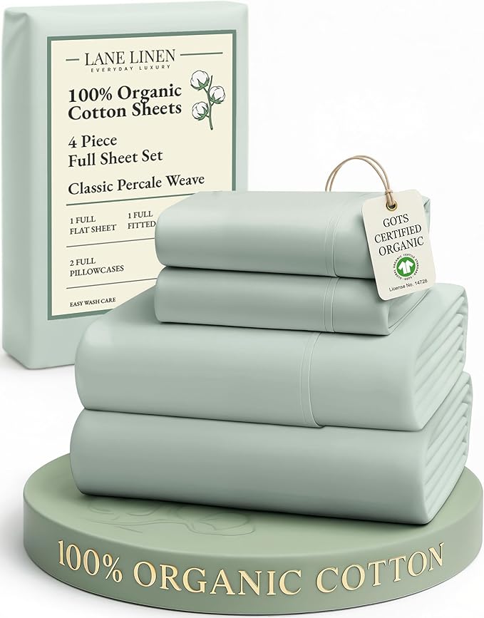 LANE LINEN 100% Organic Cotton Full Sheets Set, Soft & Comfy Percale Weave Fully Elasticized Reinforced Seams Sustainably Produced Oeko Tex Certified Deep Pocket Cotton Full Size Sheet - Cool Blue