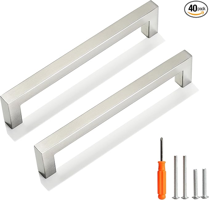 Cabinet Pulls Brushed Nickel Cabinet Handles Square Drawer Pulls, 40 Pack 6-1/4 Inch Stainless Steel Kitchen Door Cupboard Cabinet Handles, Cabinet Hardware Drawer Handles, 160mm Hole Centers