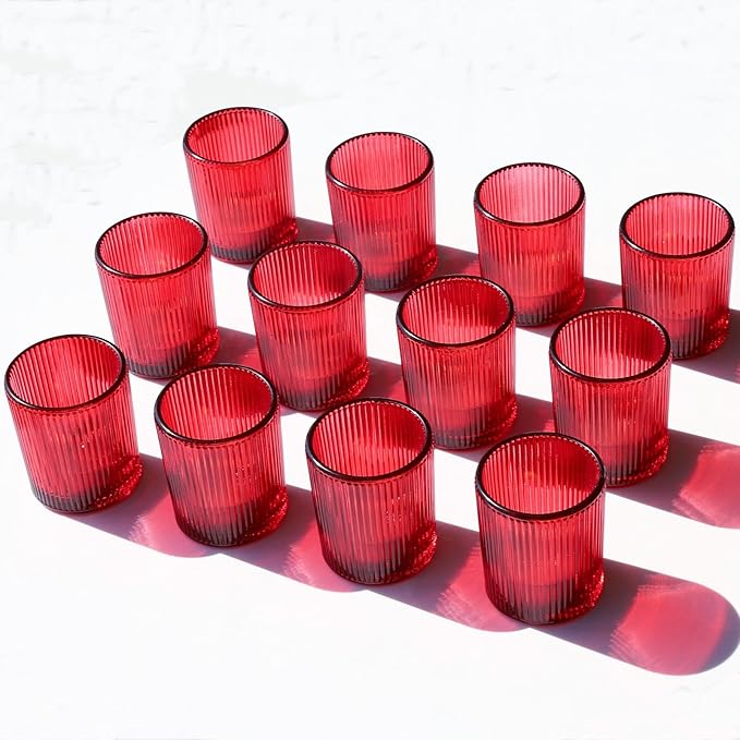 VOHO 24pcs Red Votive Candle Holders for Table Centerpiece, Ribbed Tealight Candle Holder for Christmas & Valentine's Day Decor, Vintage Glass Votive Holder for Gifts