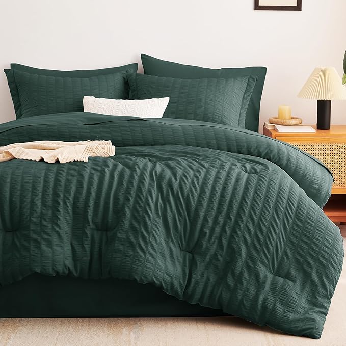 CozyLux Full Size Comforter Sets with Sheets Seersucker 7 Pieces Forest Green Bed in a Bag Textured Luxury Soft Bedding Set with Down Alternative Comforter, Sheets, Pillowcases & Shams for All Seasons