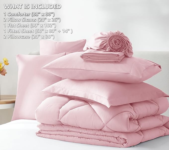 CozyLux Queen Comforter Set Pink - Bed in a Bag Queen Size 7 Pieces, Luxury Soft Bed Set for All Seasons, Bedding Set with Down Alternative Comforter, Sheets, Pillowcases & Shams
